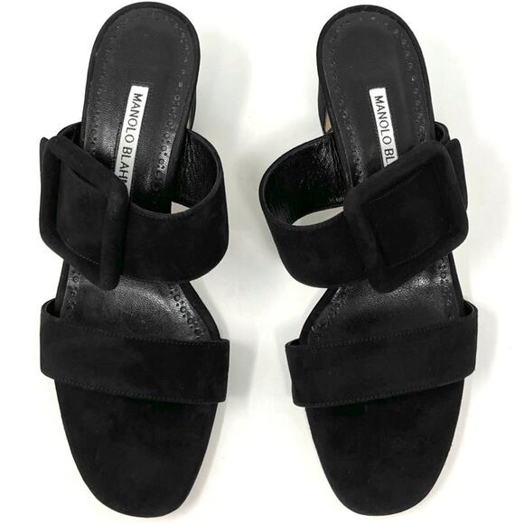 Manolo Blahnik Titubanew Black Suede Buckle Mules 38 50mm Block Heel - Picture 2 of 10